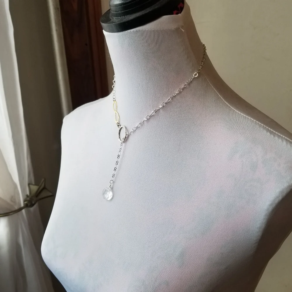 Infinity symbol necklace thread through clear briolette silver gold tone